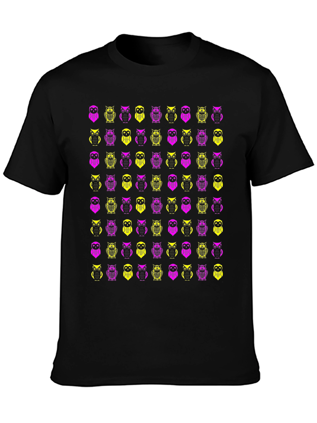 Owl Pattern Graphic Tee - Black Cotton T-Shirt