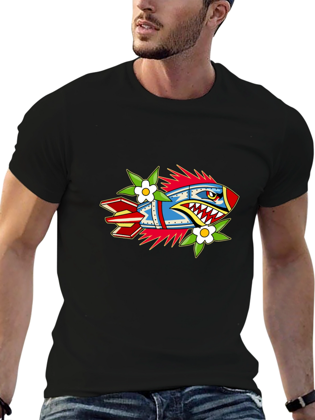 Edgy Rocket Graphic Black Tee