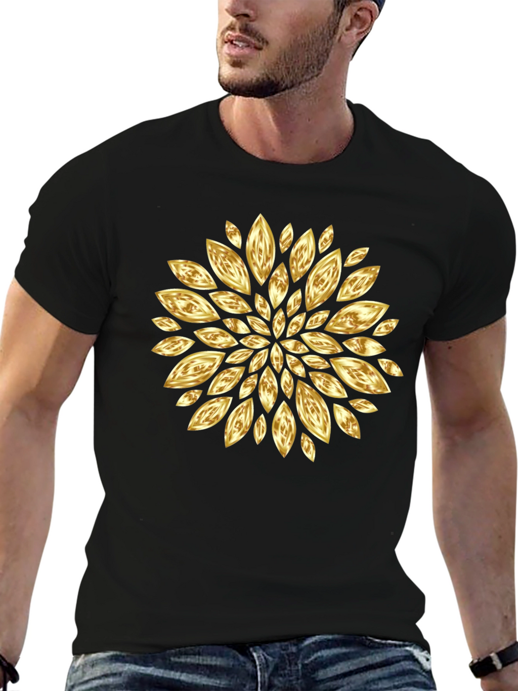 Golden Petal Graphic Black T-Shirt