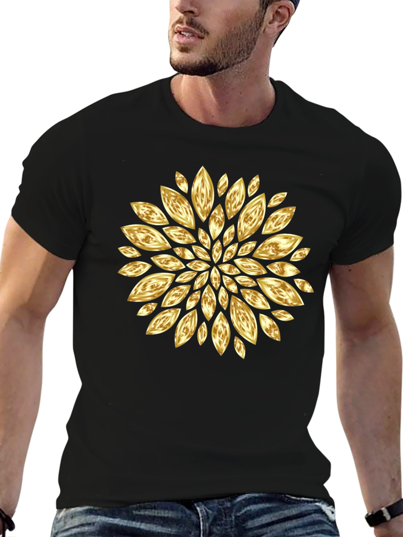 Golden Petal Graphic Black T-Shirt