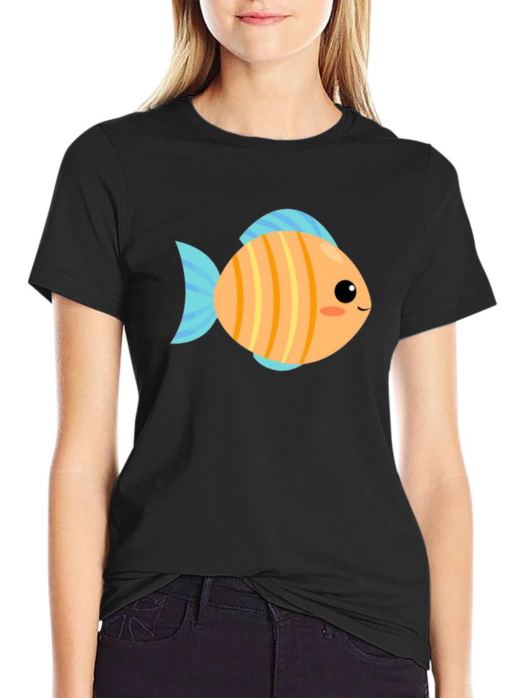 Cute Fish Graphic Tee - Black Cotton T-Shirt