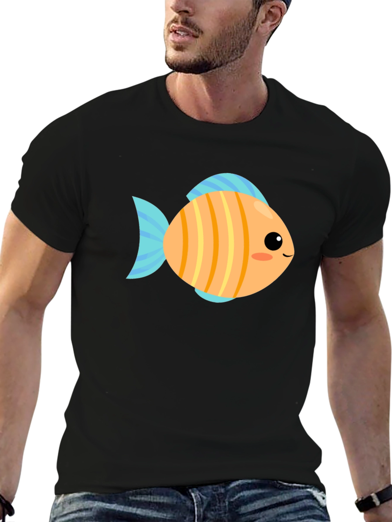 Cute Fish Graphic Tee - Black Cotton T-Shirt