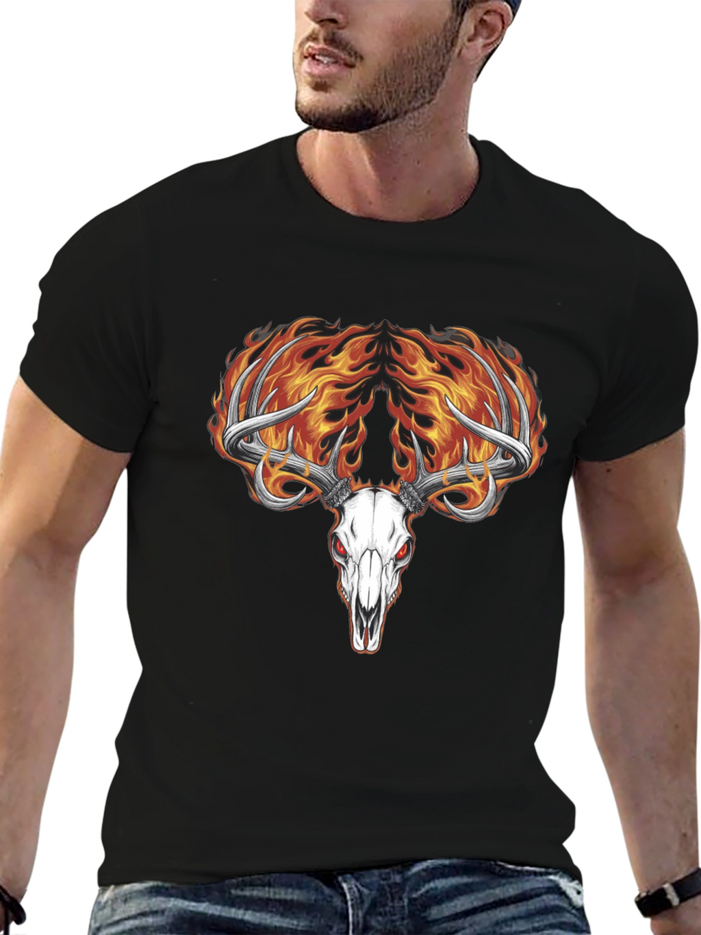 Flaming Deer Skull Black T-Shirt