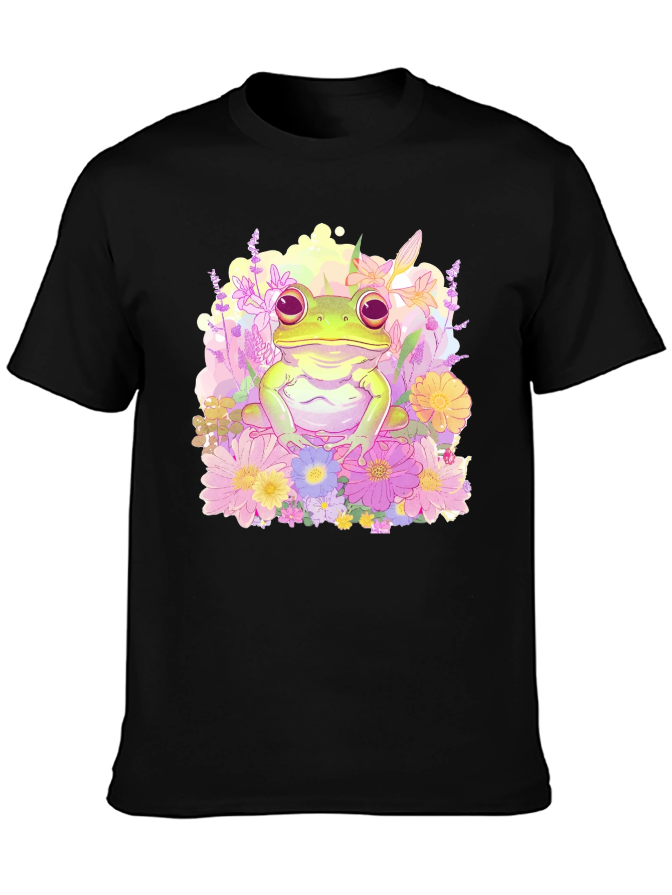 Floral Frog Graphic Tee - Black Cotton T-Shirt