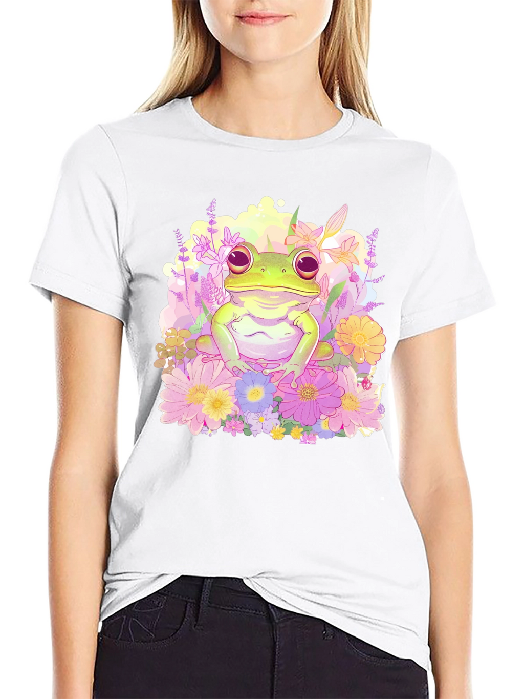 Floral Frog Graphic Tee - Black Cotton T-Shirt