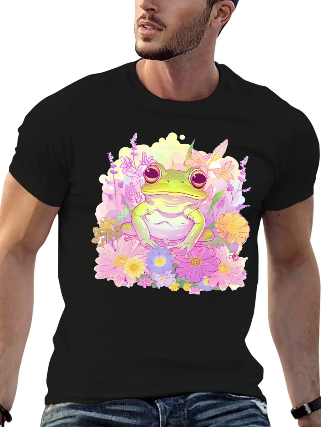 Floral Frog Graphic Tee - Black Cotton T-Shirt