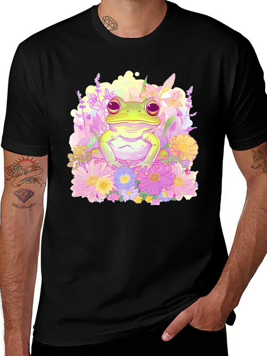 Floral Frog Graphic Tee - Black Cotton T-Shirt