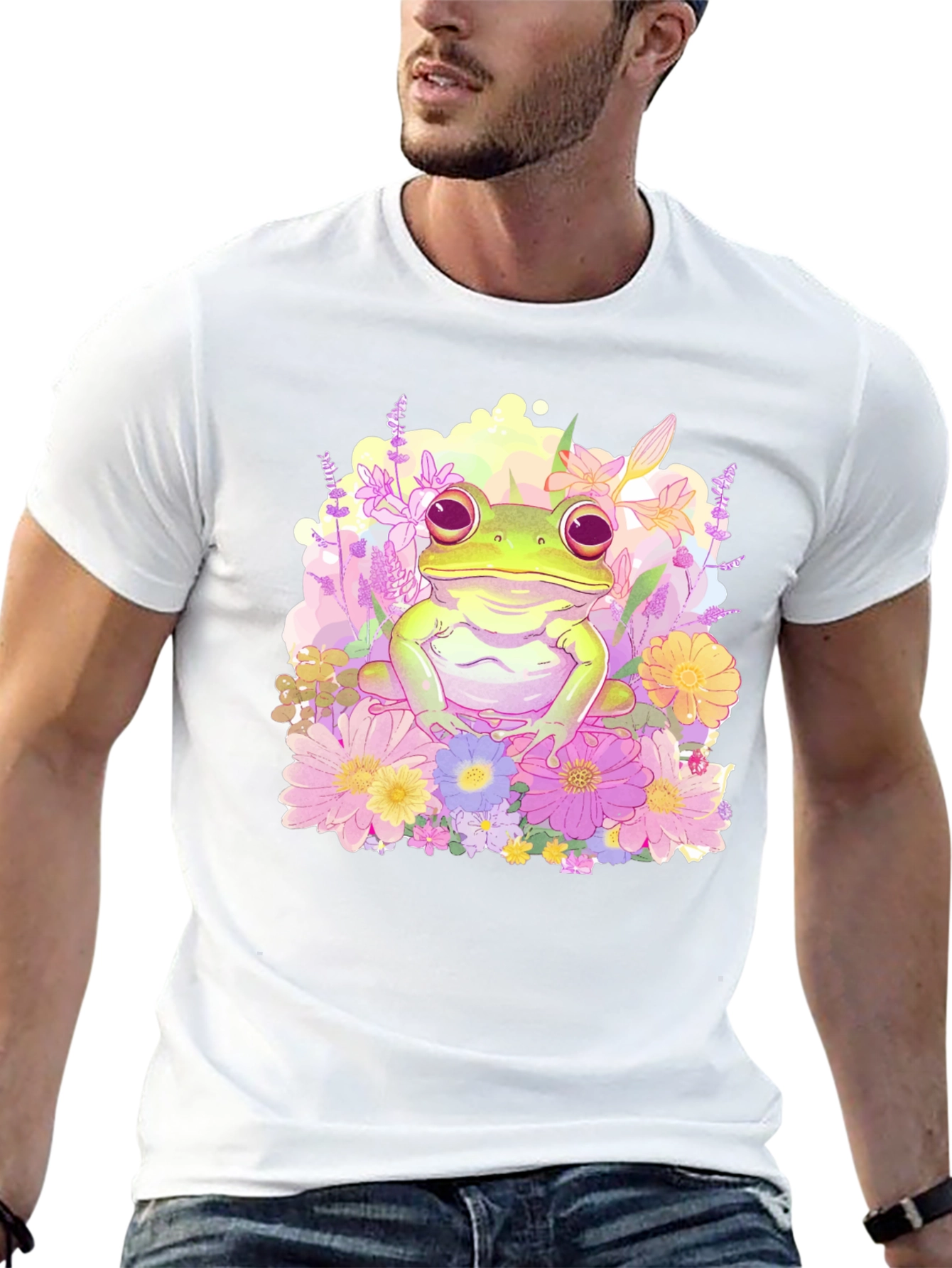 Floral Frog Graphic Tee - Black Cotton T-Shirt