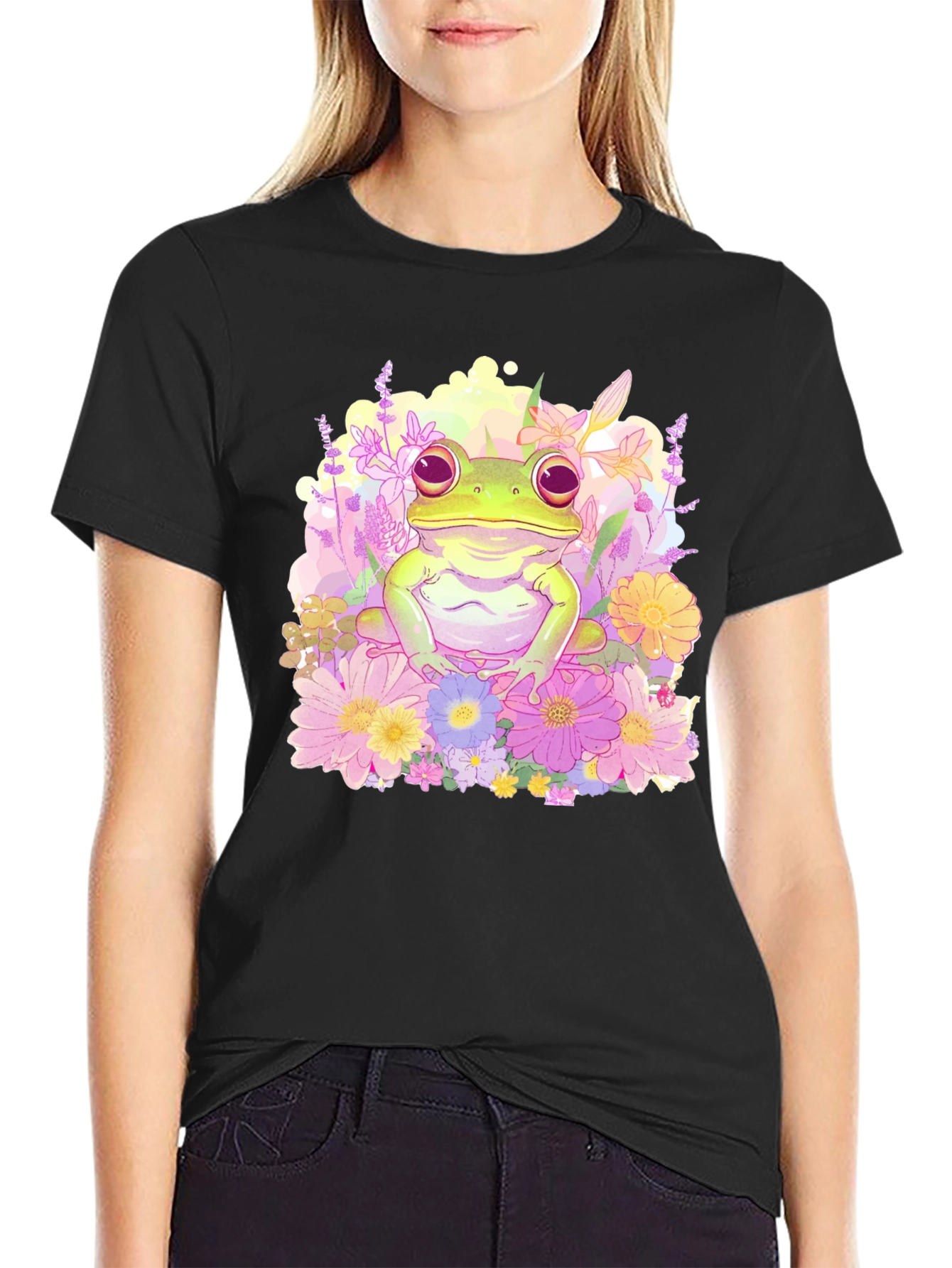 Floral Frog Graphic Tee - Black Cotton T-Shirt
