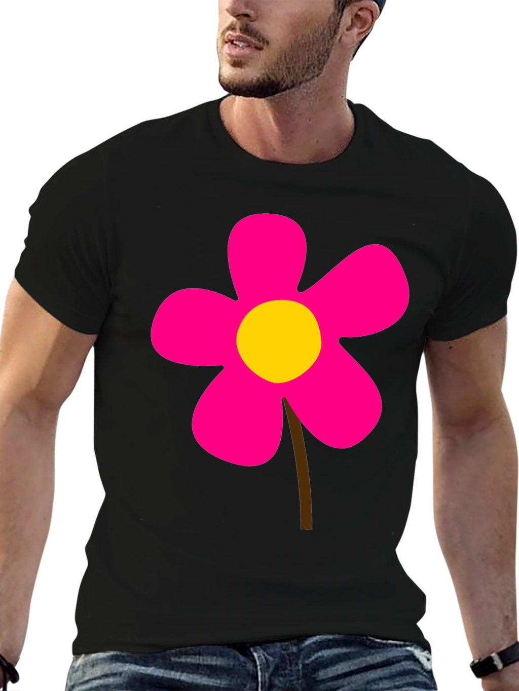 Black T-Shirt with Pink Flower Graphic