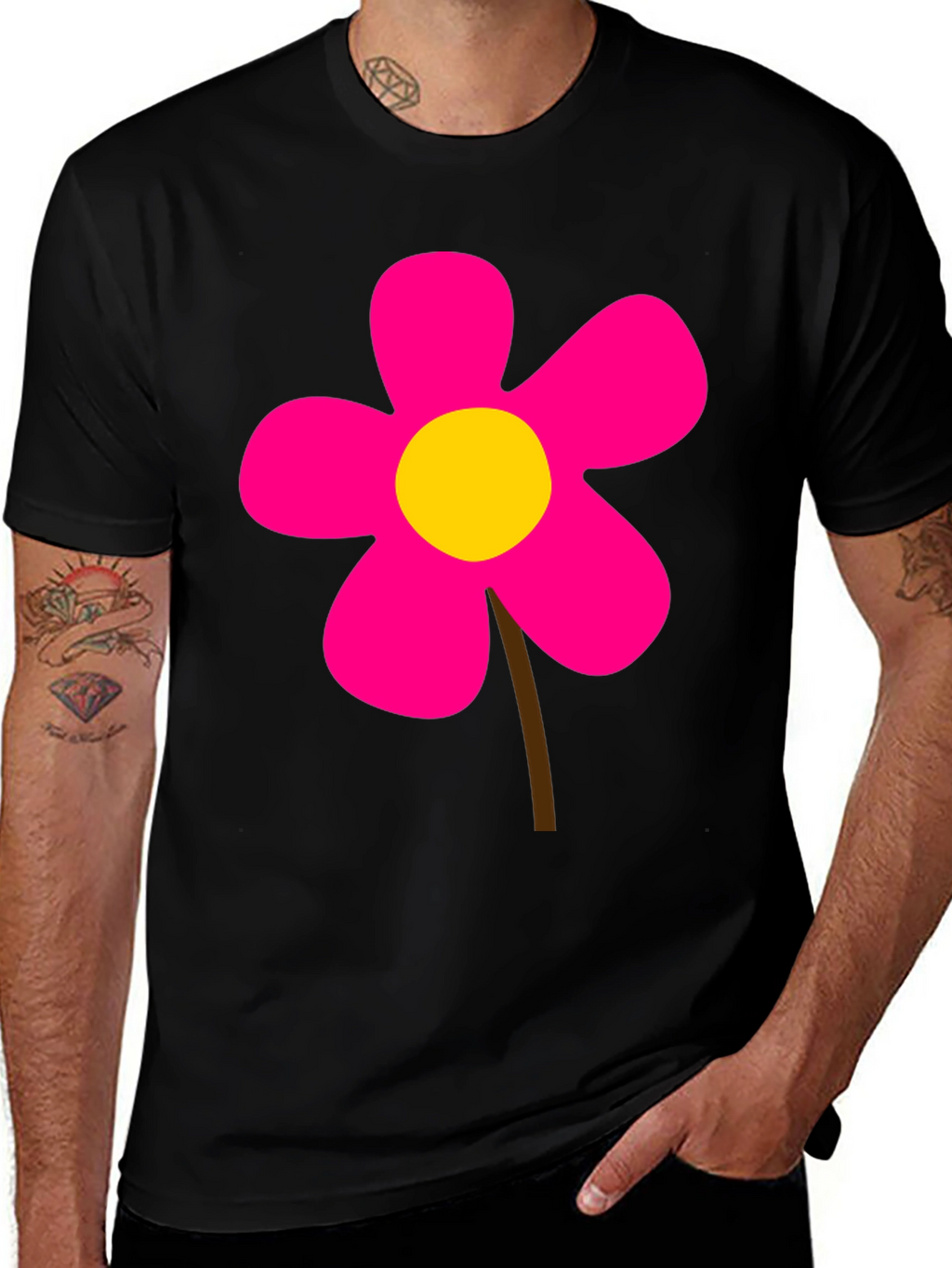 Black T-Shirt with Pink Flower Graphic