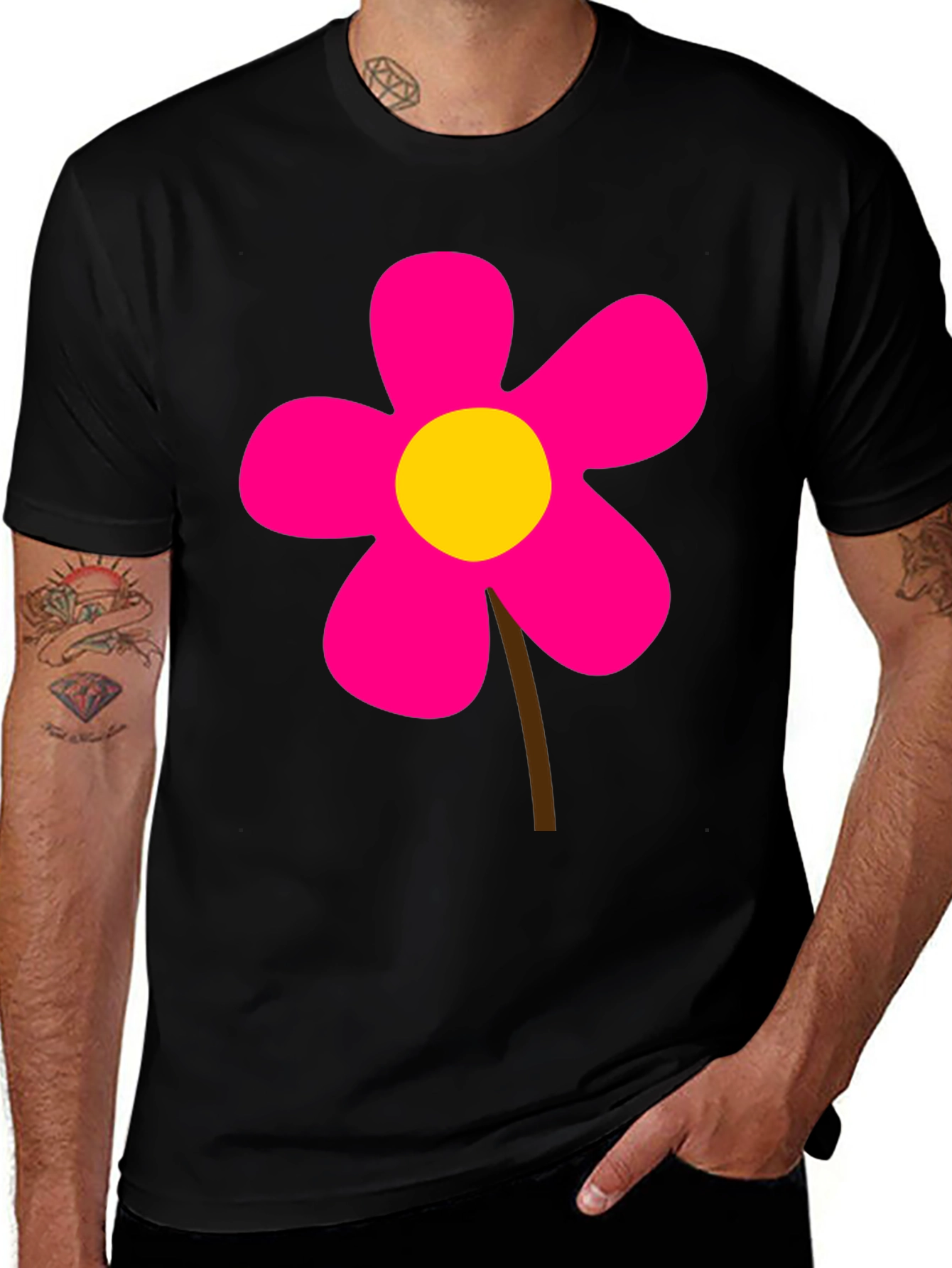 Black T-Shirt with Pink Flower Graphic