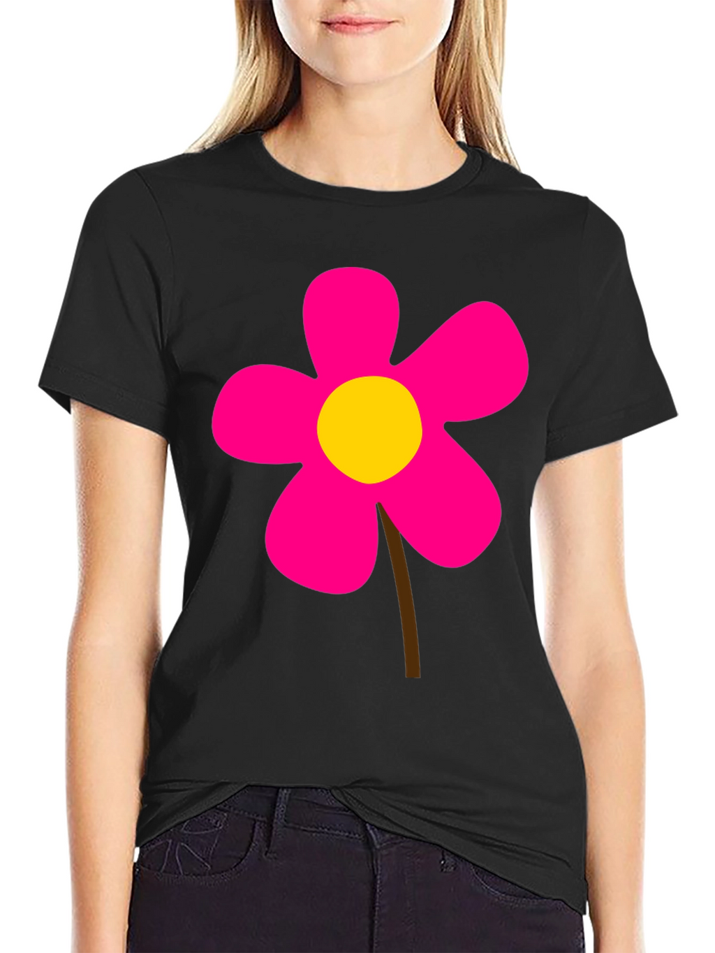 Black T-Shirt with Pink Flower Graphic