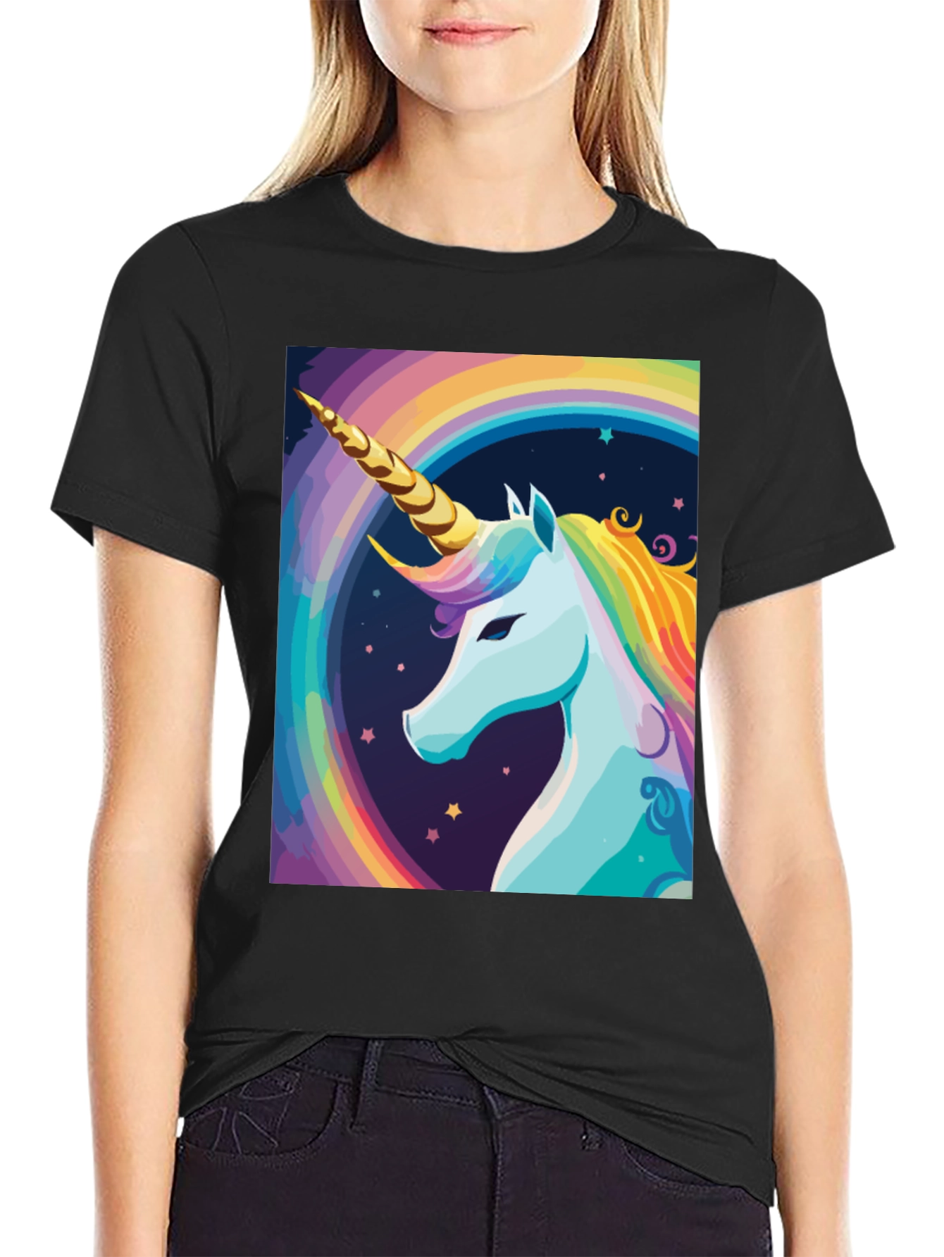 Unicorn Rainbow Graphic Tee - Black Cotton Casual Shirt
