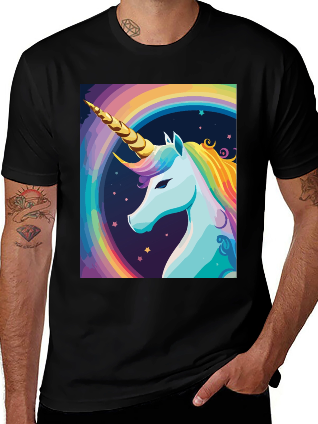 Unicorn Rainbow Graphic Tee - Black Cotton Casual Shirt