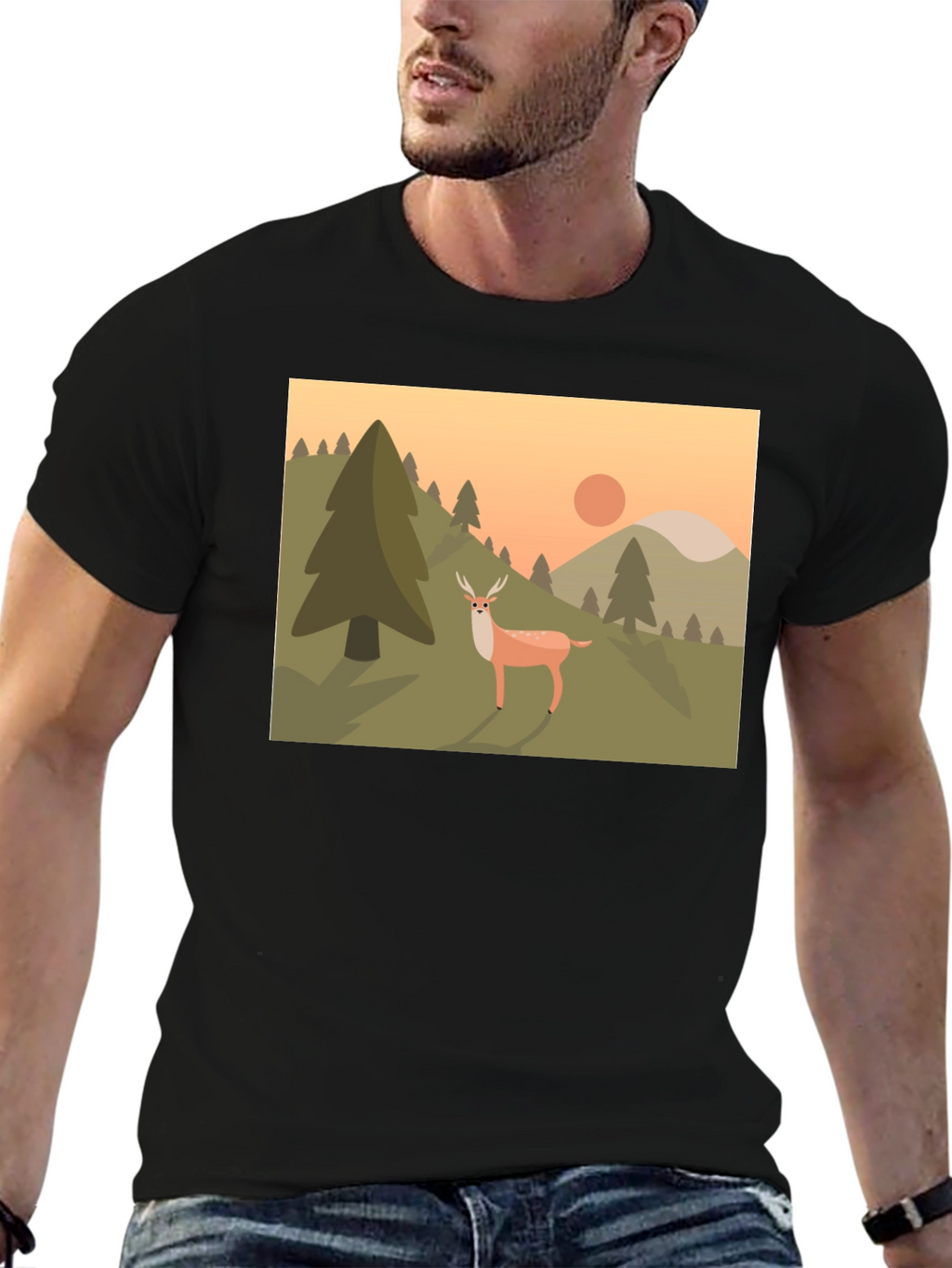 Nature Deer Graphic Black T-Shirt