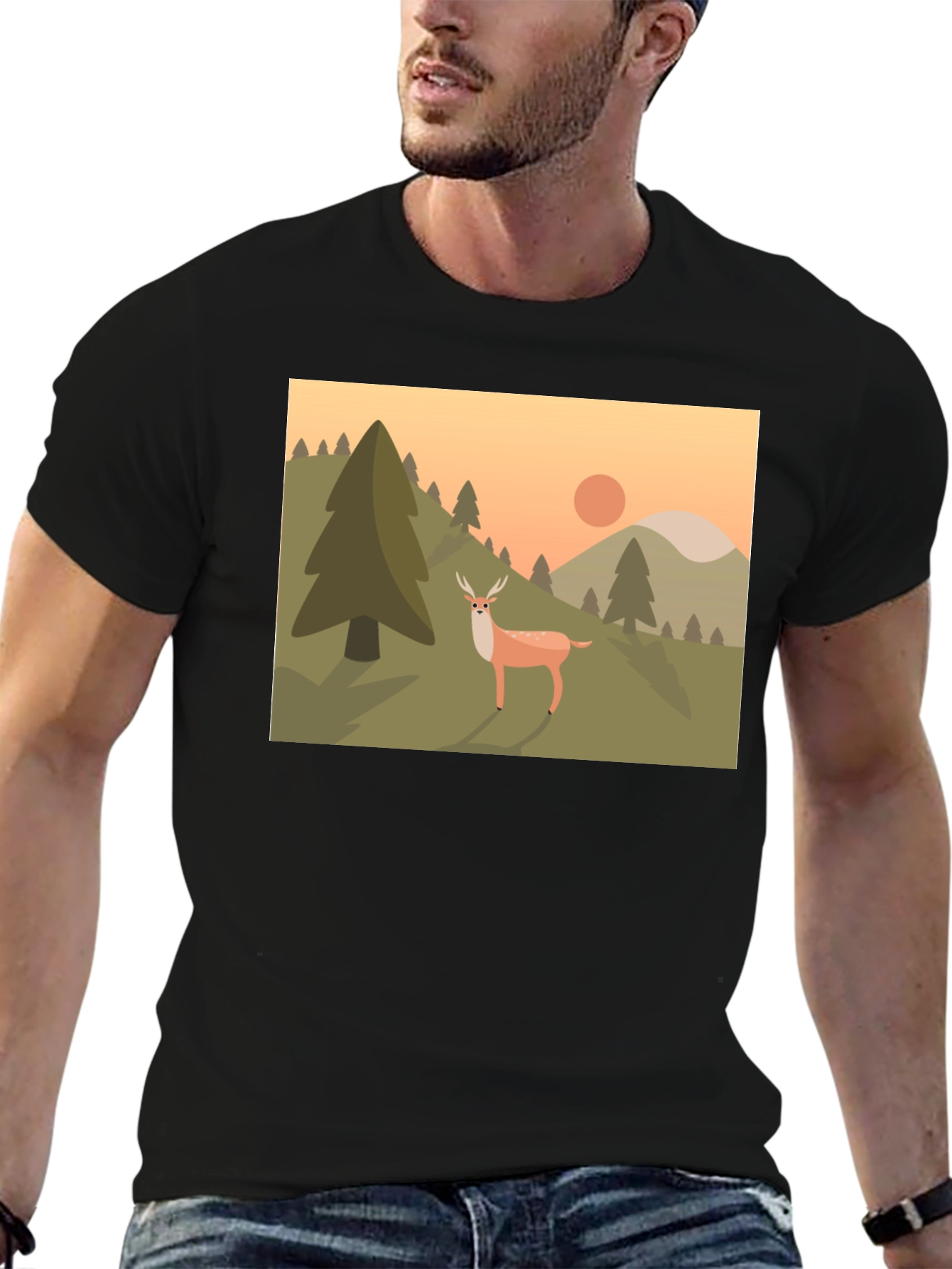 Nature Deer Graphic Black T-Shirt
