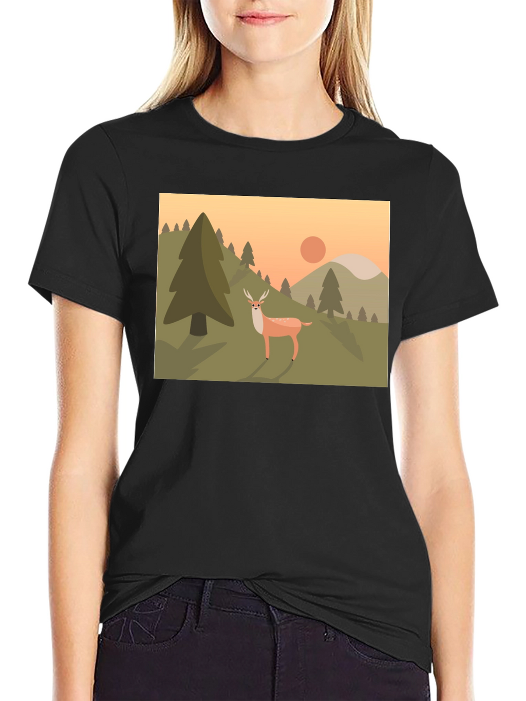 Nature Deer Graphic Black T-Shirt
