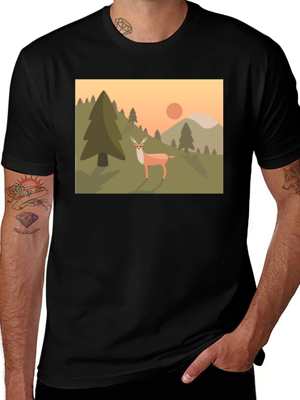 Nature Deer Graphic Black T-Shirt