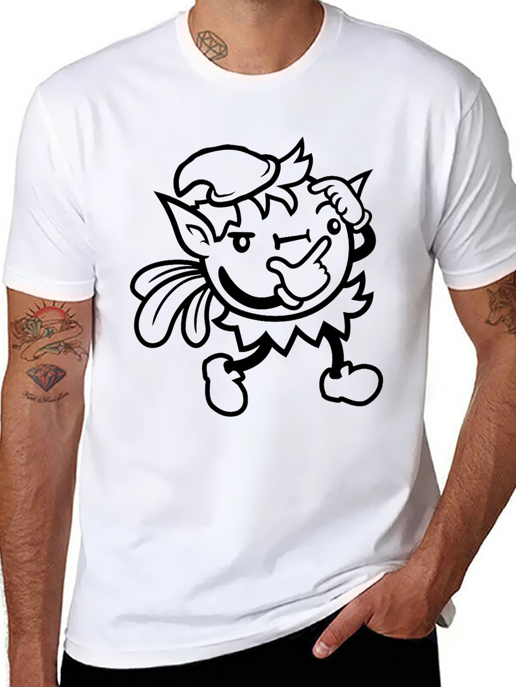 Mens Black Graphic Tee - Winking Cartoon Character