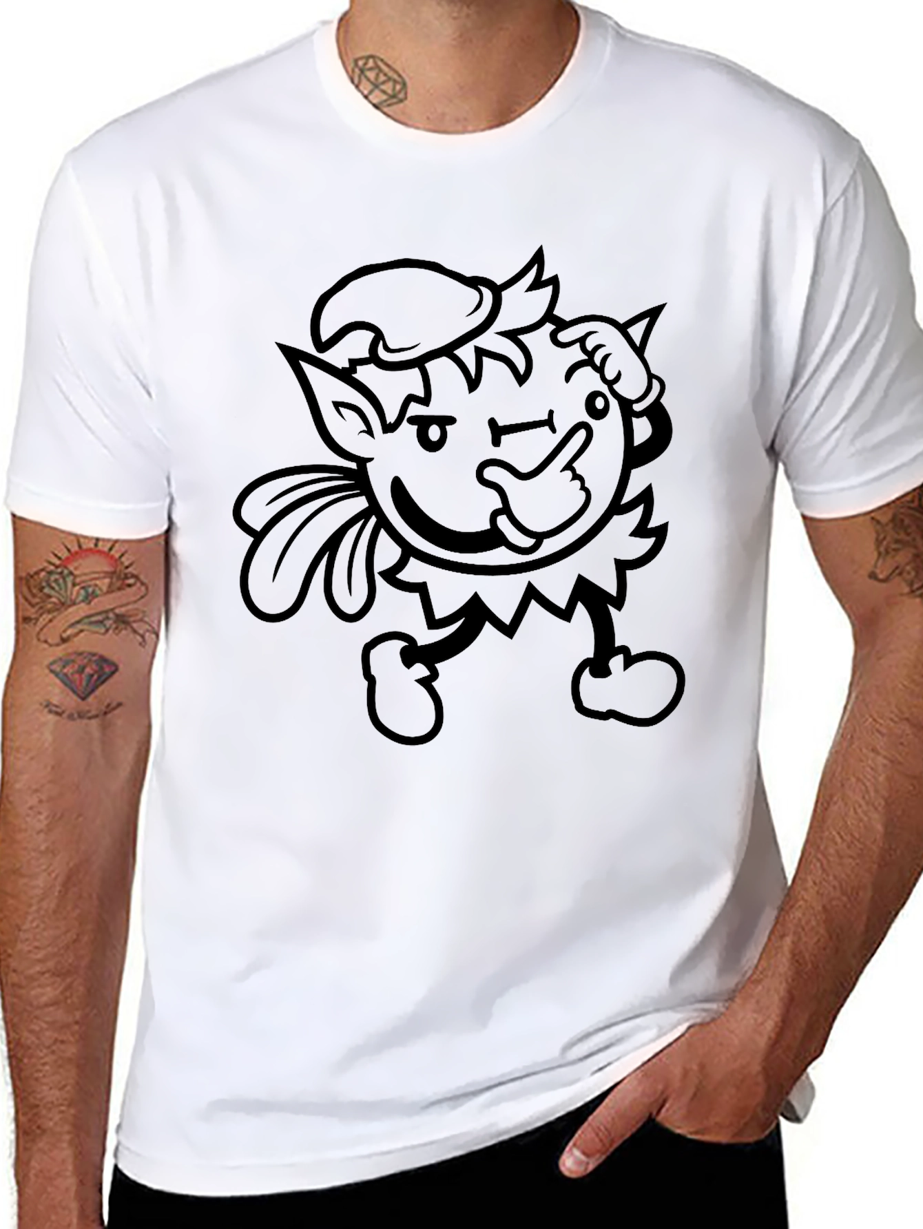 Mens Black Graphic Tee - Winking Cartoon Character