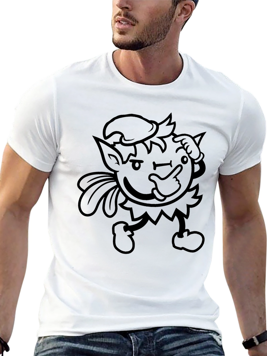Mens Black Graphic Tee - Winking Cartoon Character