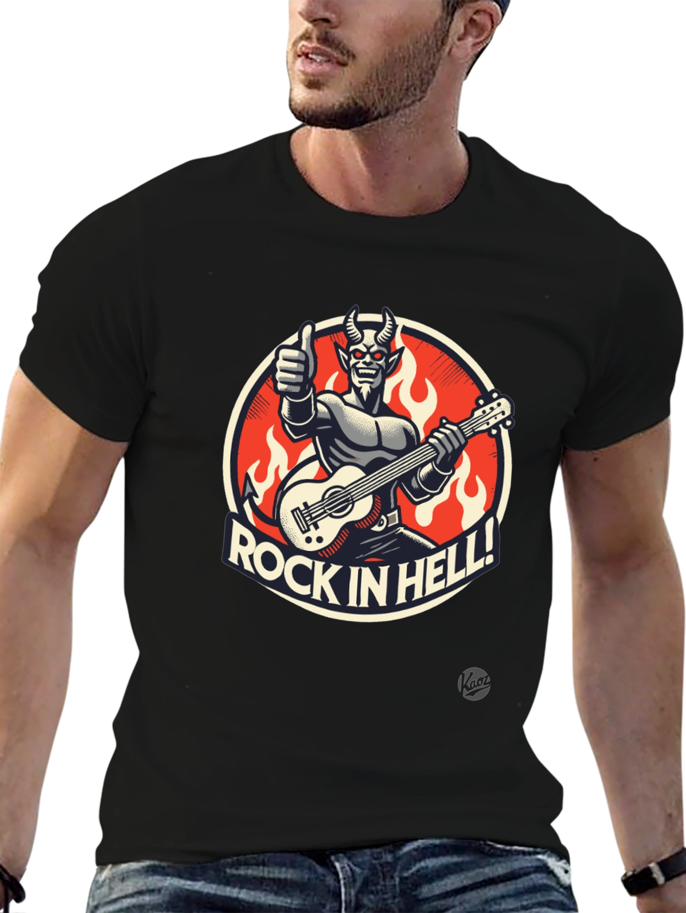 Rock in Hell Black T-Shirt - Devil Guitarist Design