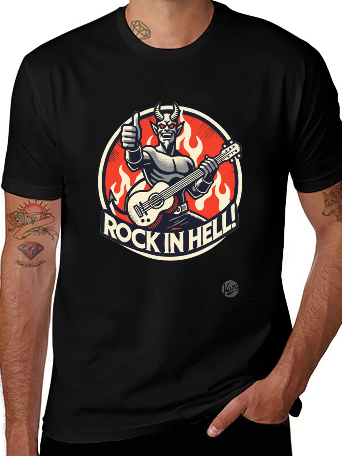 Rock in Hell Black T-Shirt - Devil Guitarist Design