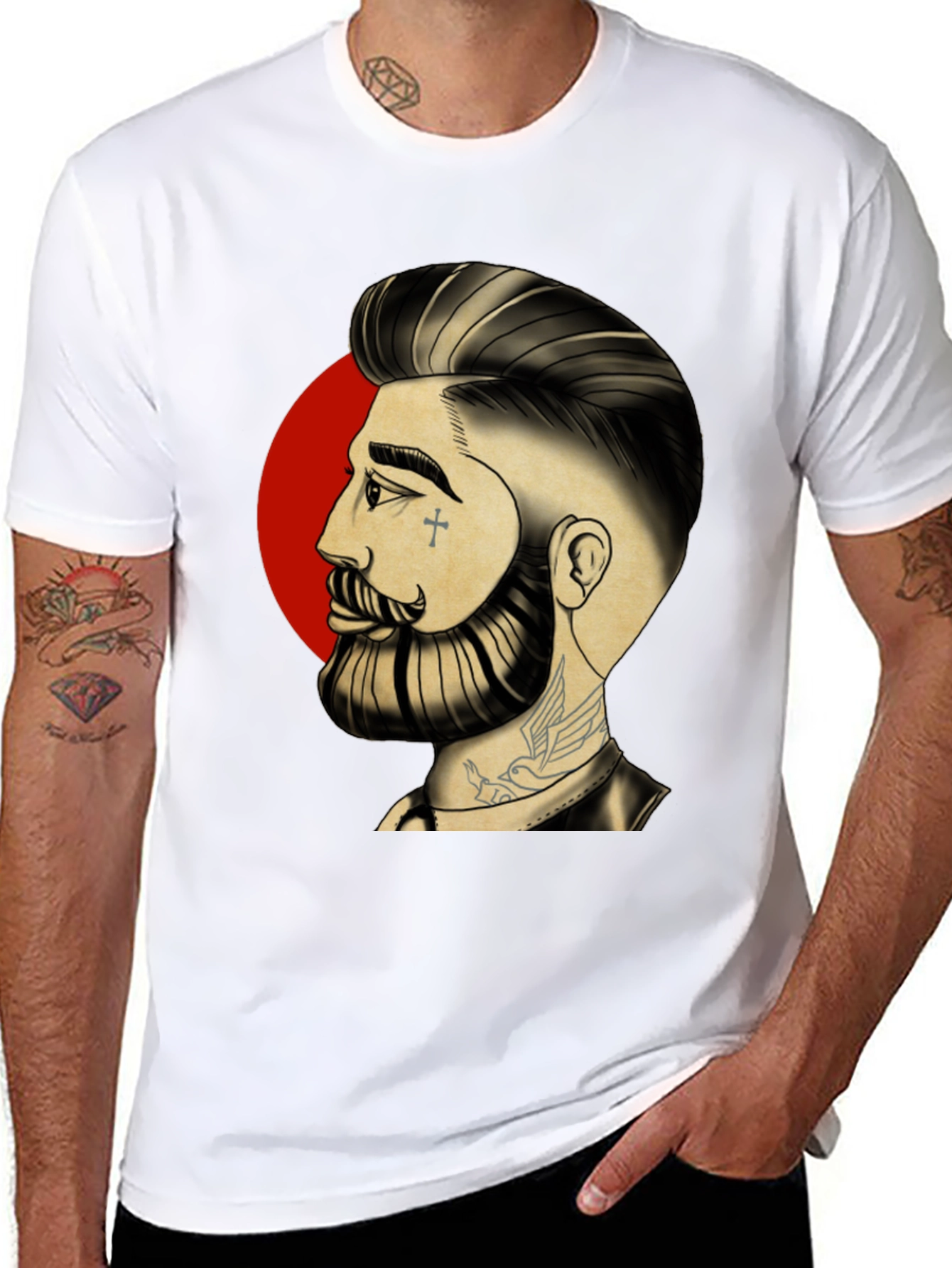 Bearded Man Graphic Tee - Cool Tattoo Art Shirt