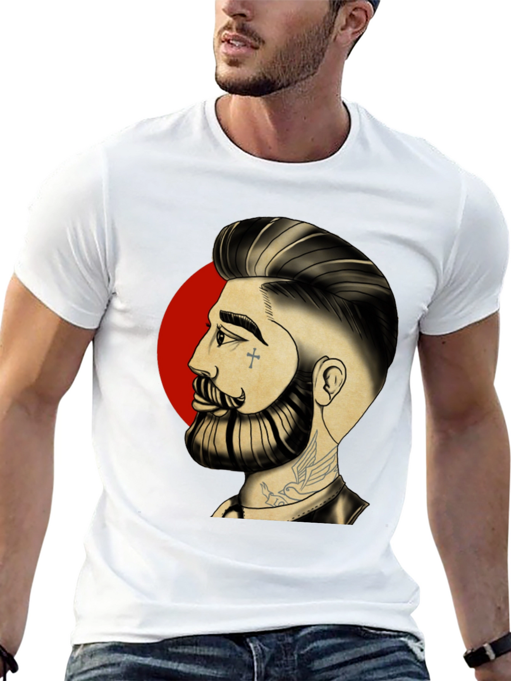 Bearded Man Graphic Tee - Cool Tattoo Art Shirt