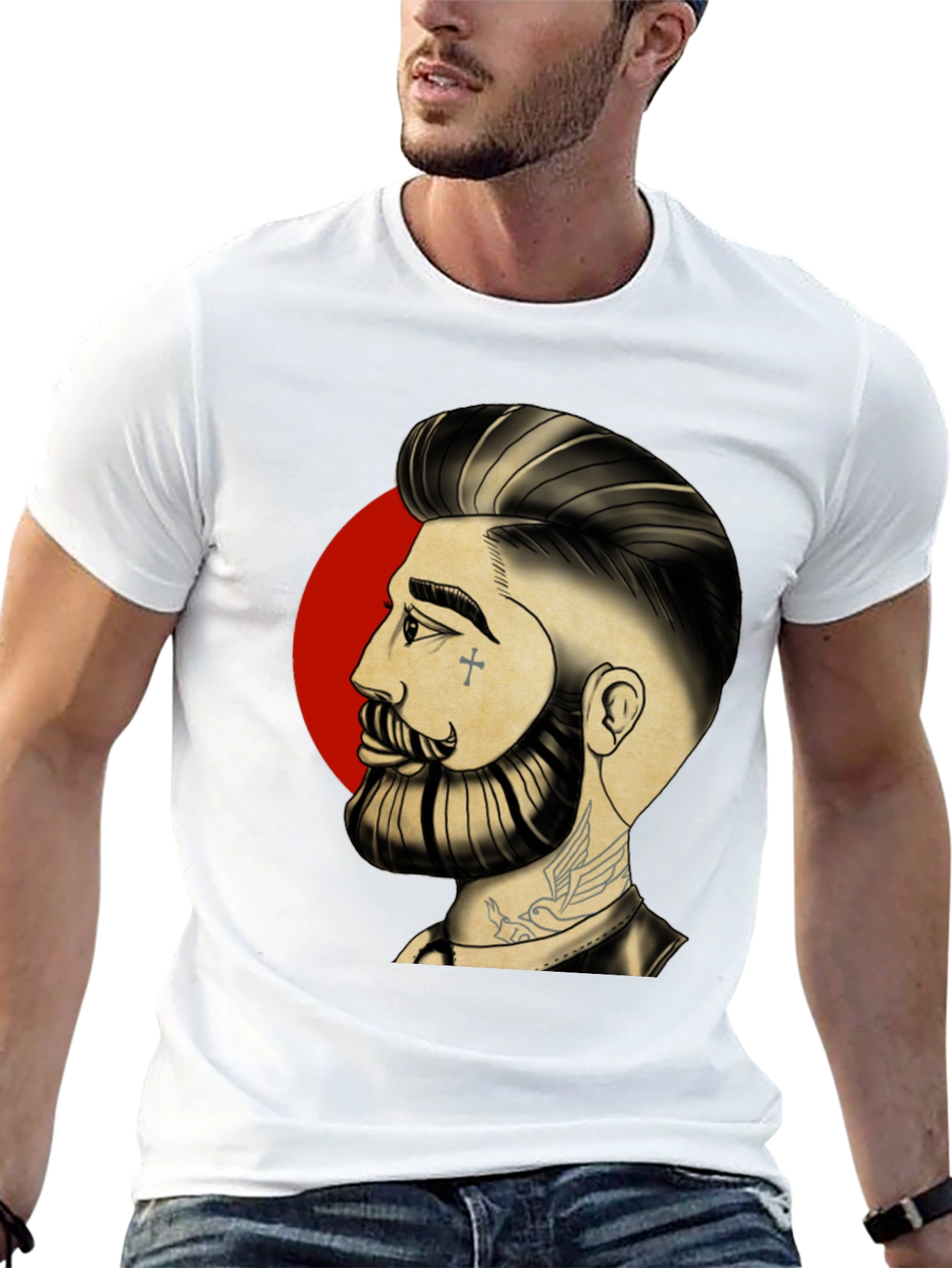Bearded Man Graphic Tee - Cool Tattoo Art Shirt