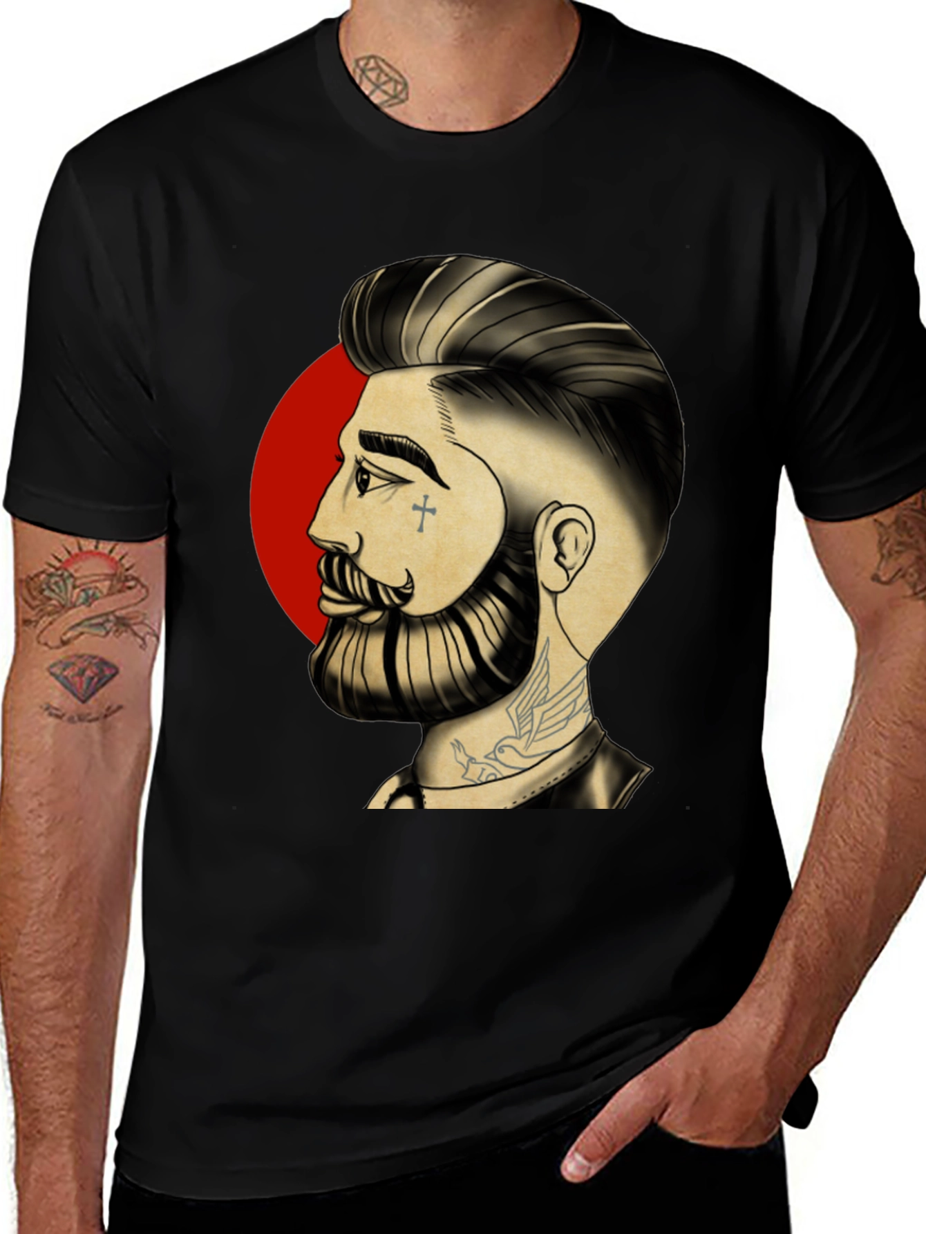 Bearded Man Graphic Tee - Cool Tattoo Art Shirt