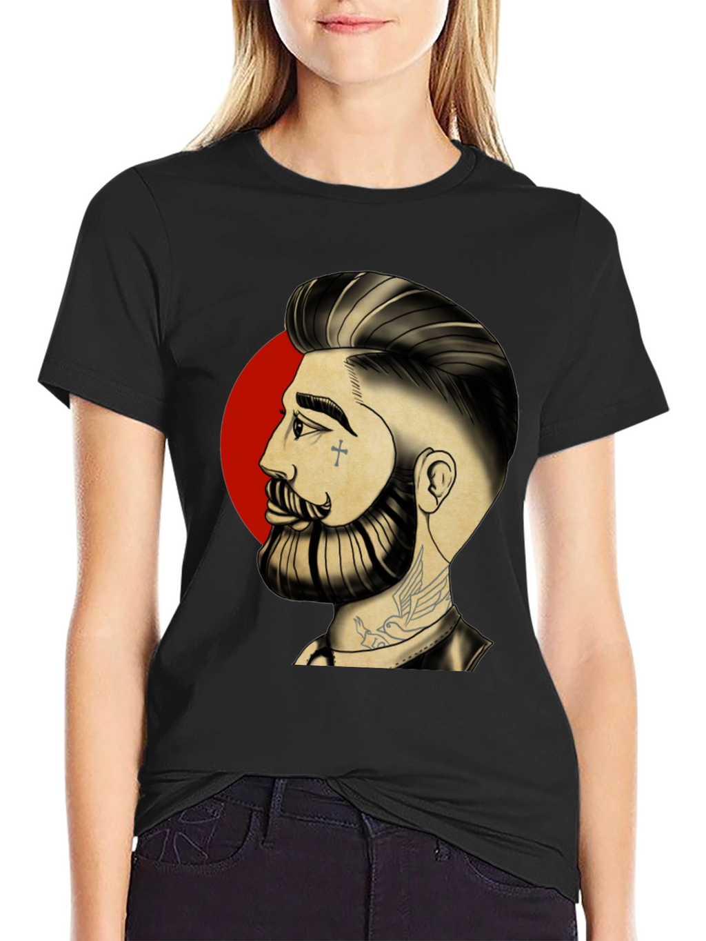 Bearded Man Graphic Tee - Cool Tattoo Art Shirt