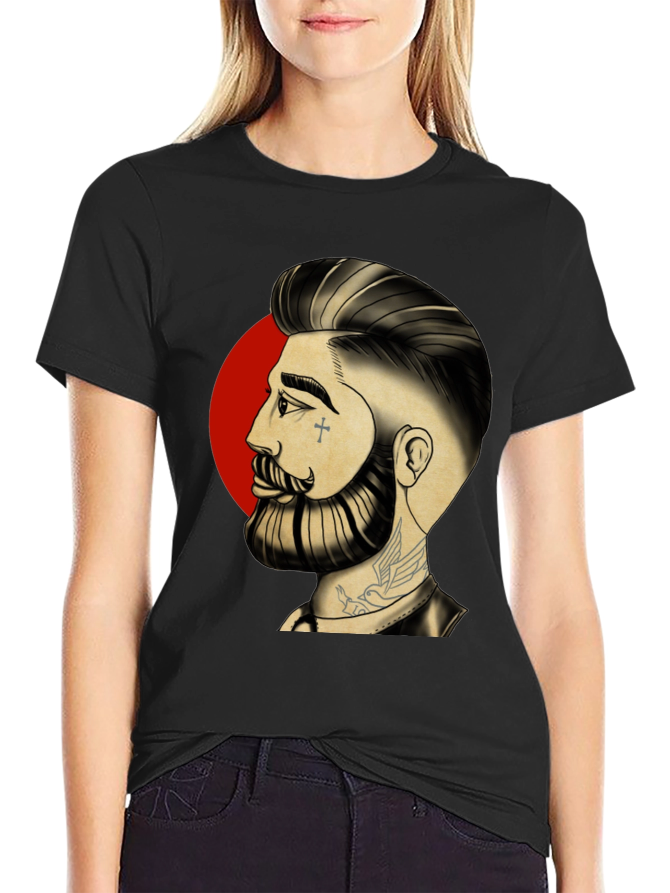 Bearded Man Graphic Tee - Cool Tattoo Art Shirt