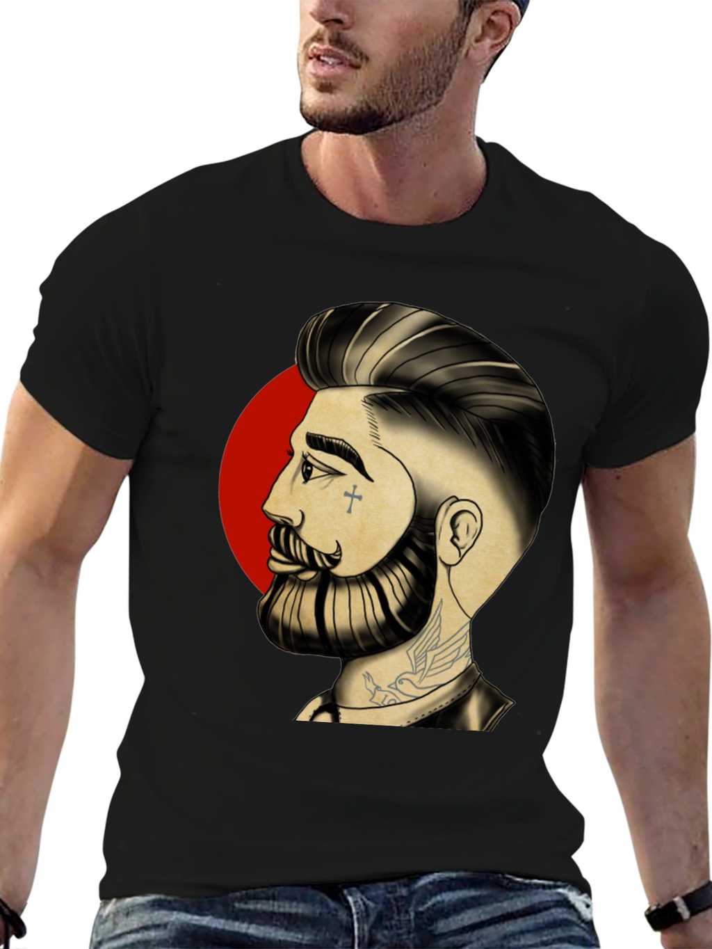 Bearded Man Graphic Tee - Cool Tattoo Art Shirt