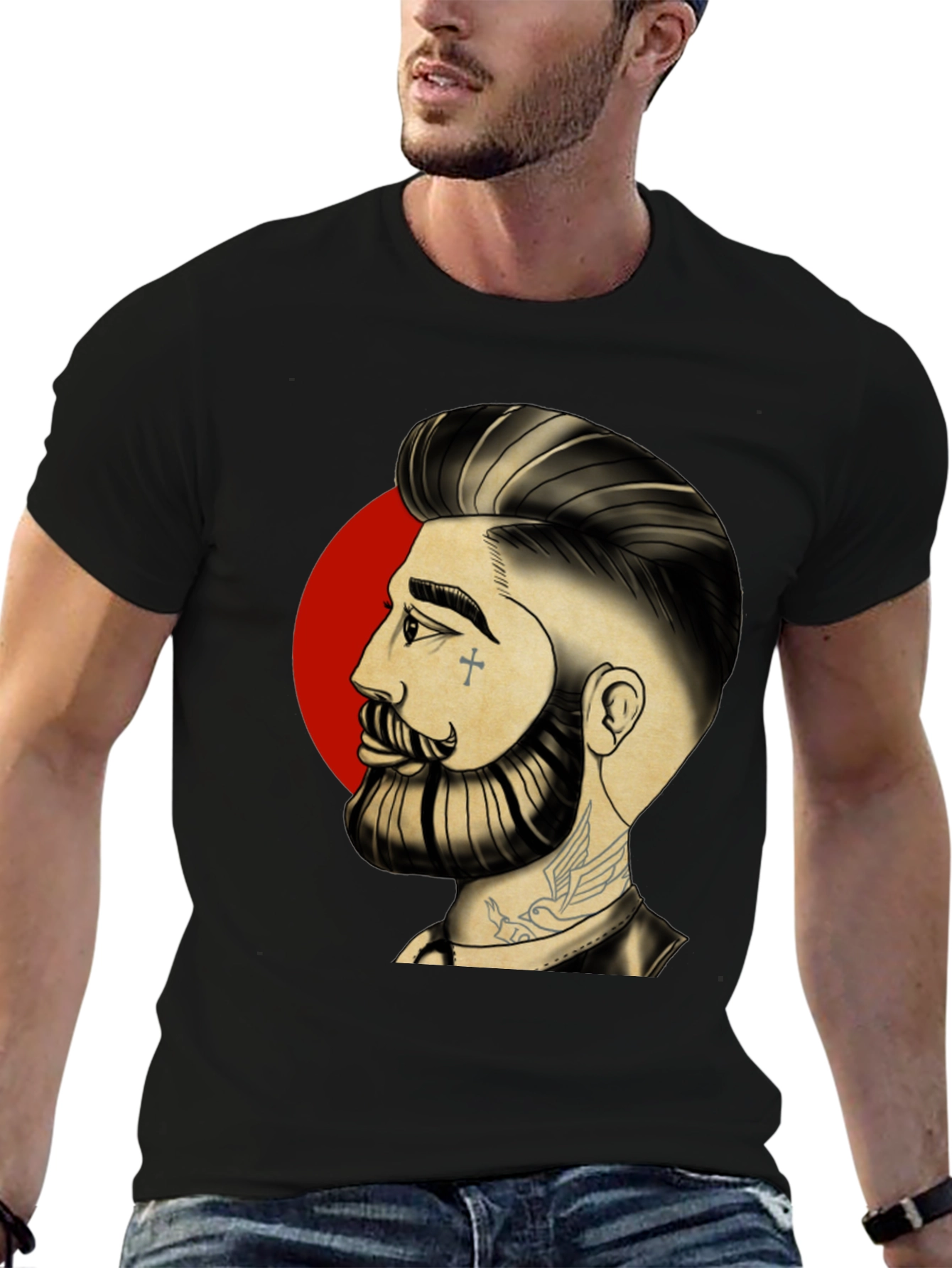 Bearded Man Graphic Tee - Cool Tattoo Art Shirt