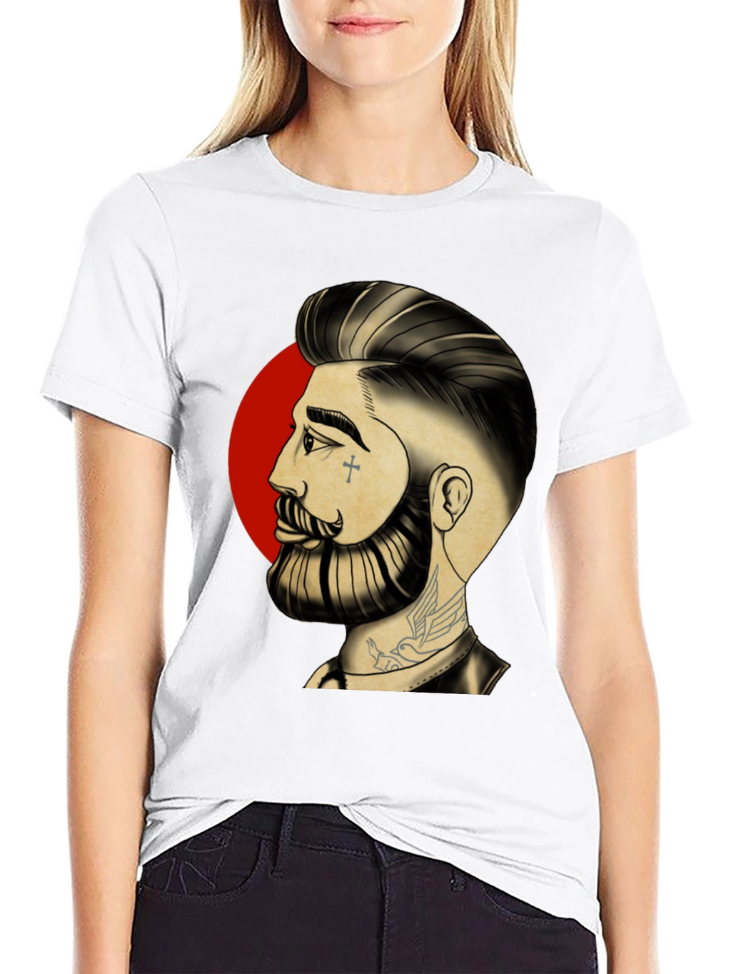 Bearded Man Graphic Tee - Cool Tattoo Art Shirt