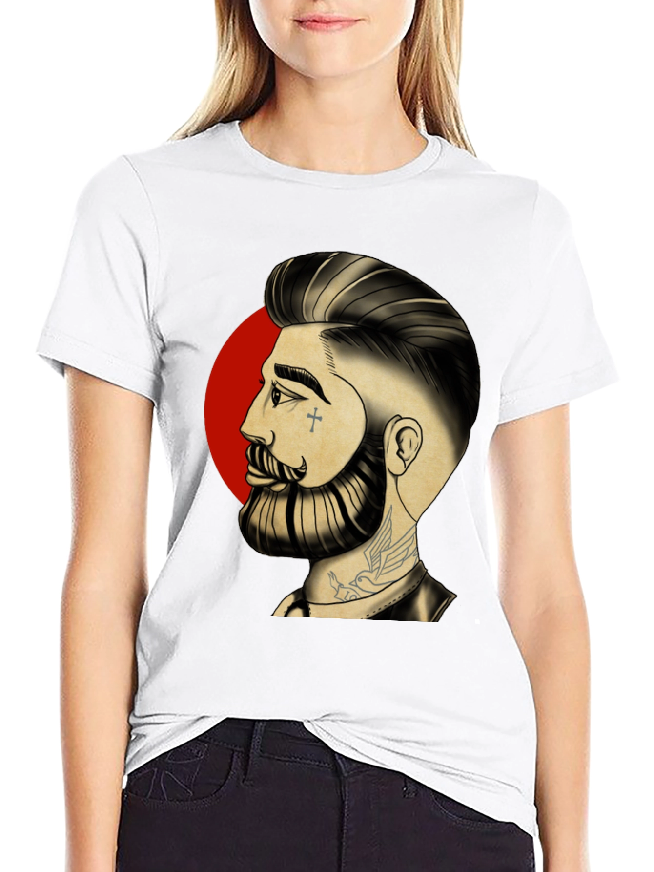Bearded Man Graphic Tee - Cool Tattoo Art Shirt