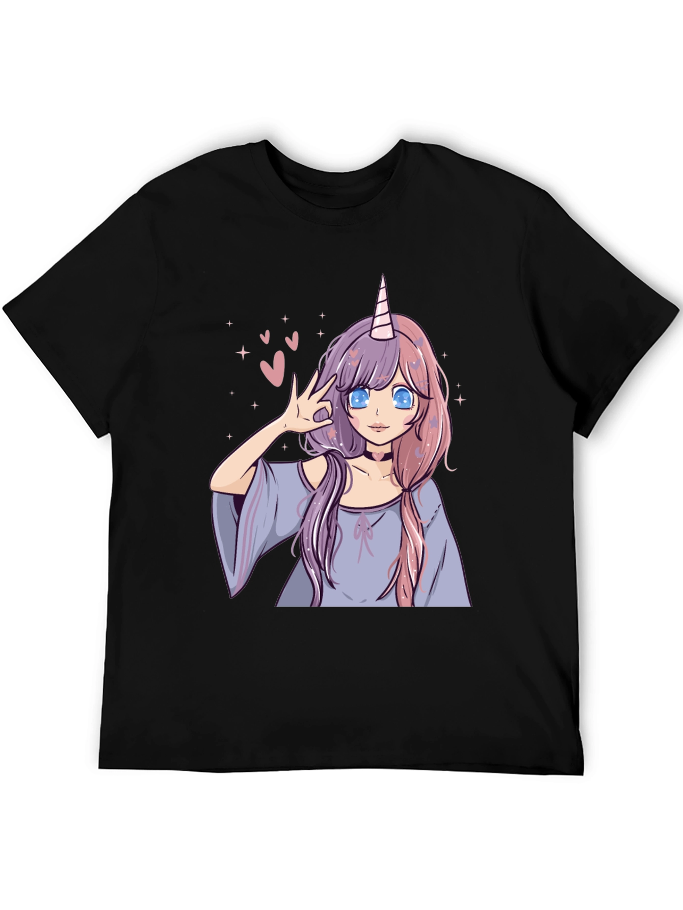 Anime Unicorn Girl Graphic Tee - Black Casual T-Shirt