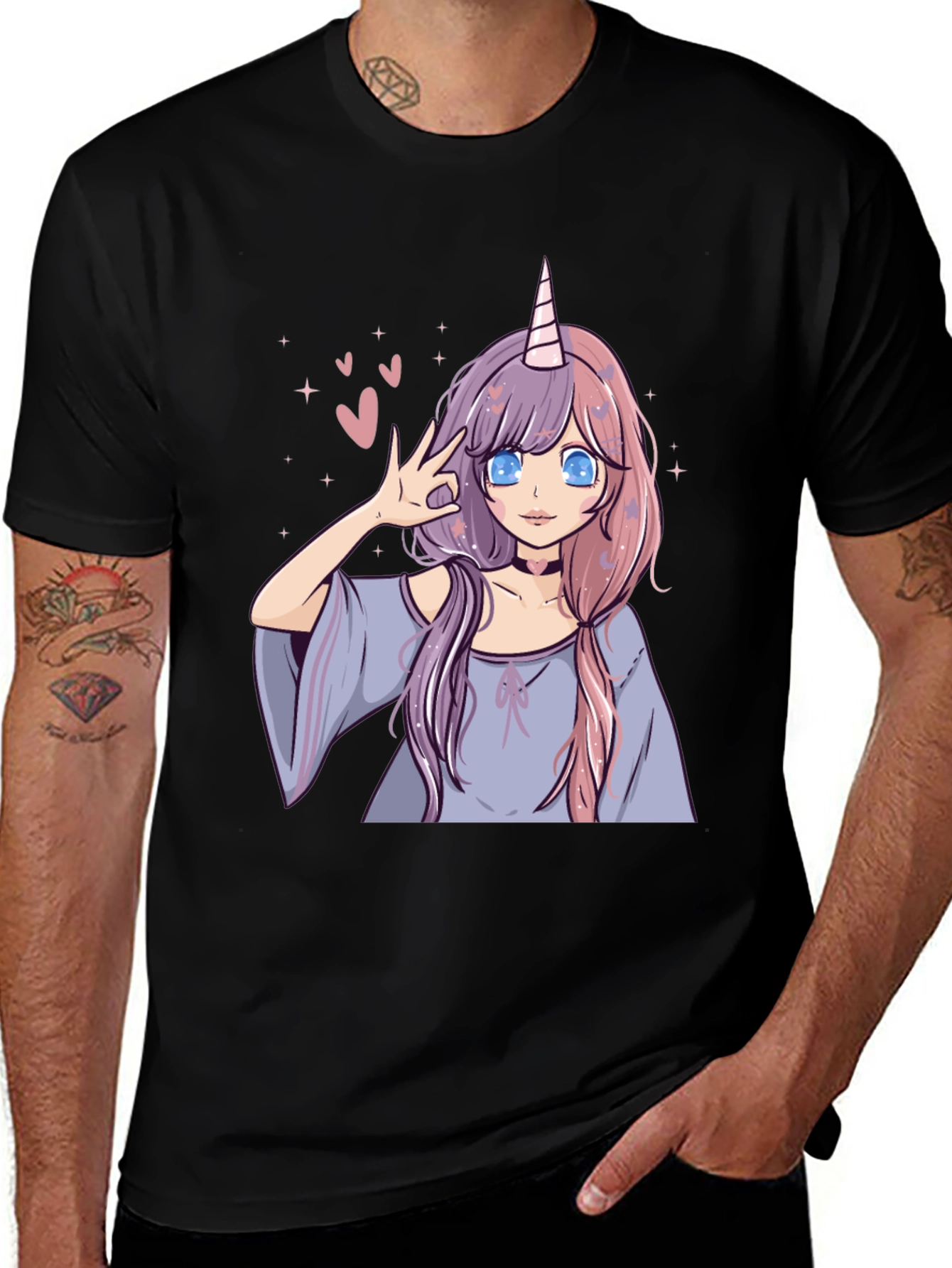 Anime Unicorn Girl Graphic Tee - Black Casual T-Shirt