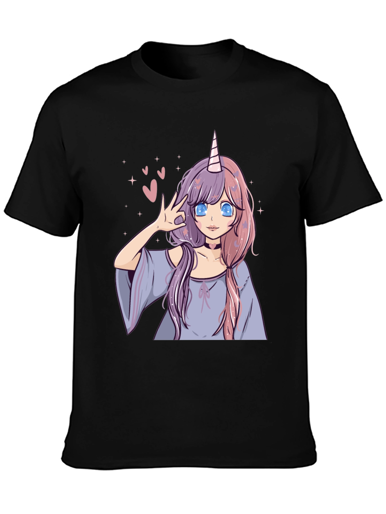 Anime Unicorn Girl Graphic Tee - Black Casual T-Shirt