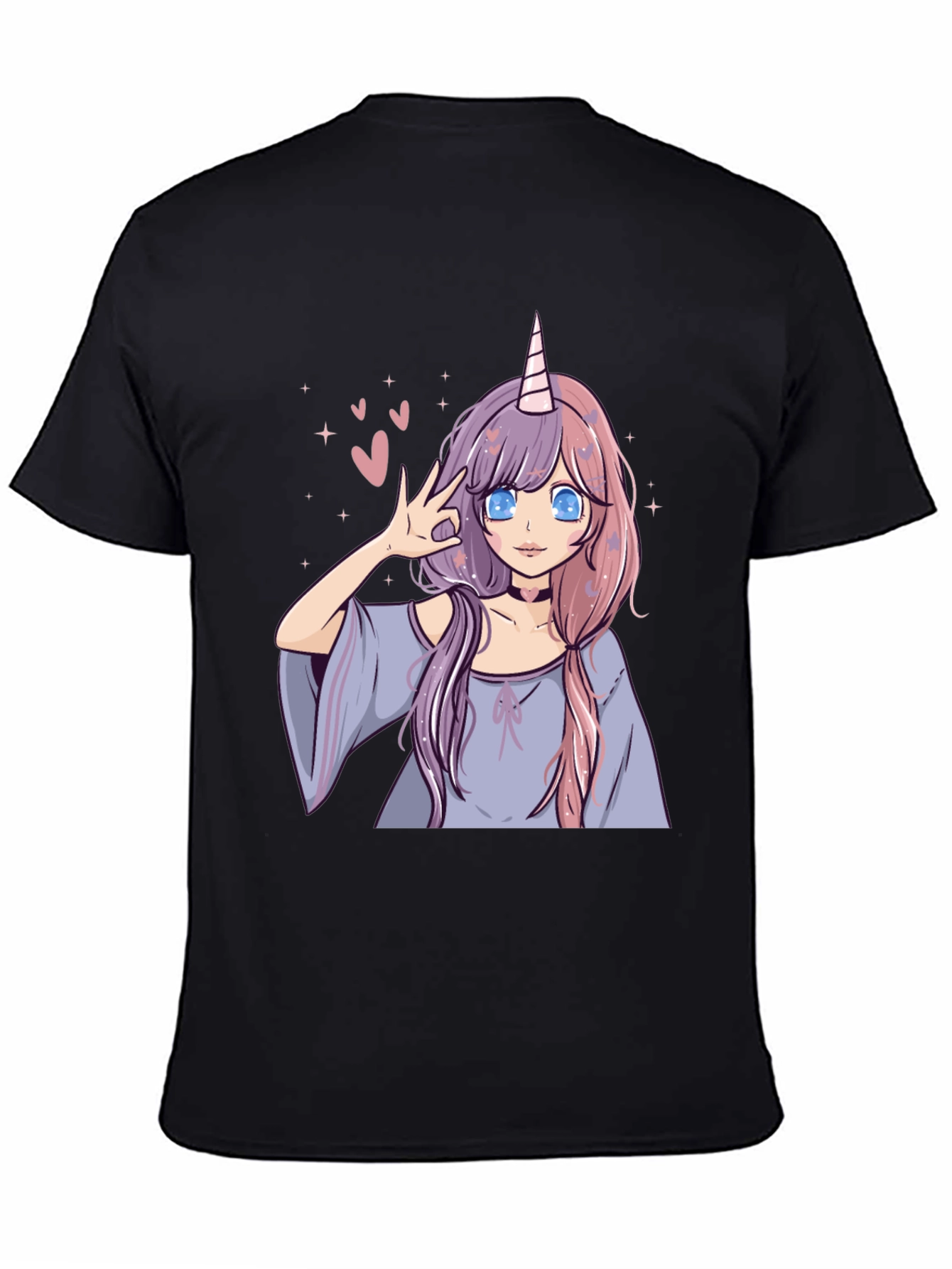 Anime Unicorn Girl Graphic Tee - Black Casual T-Shirt