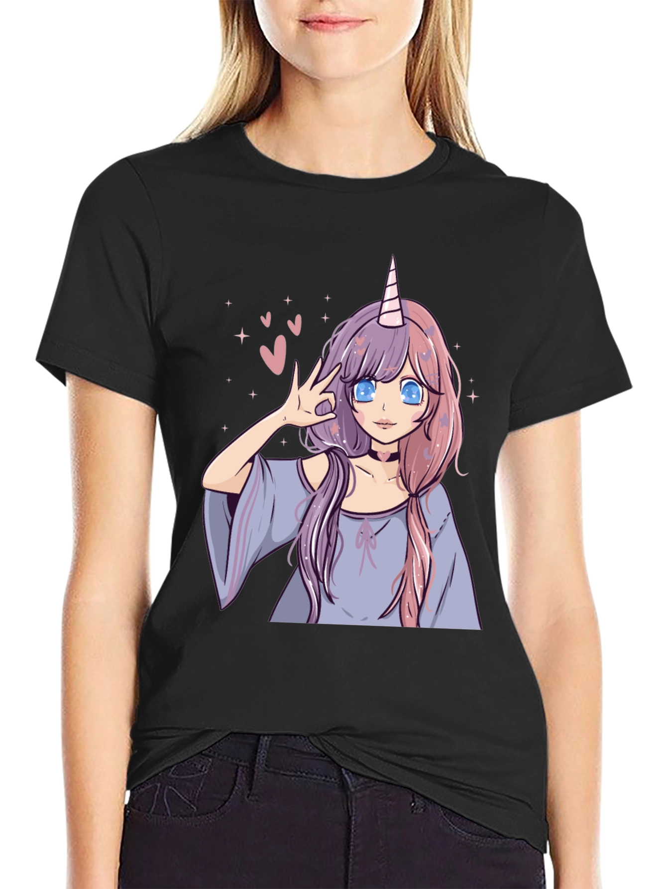 Anime Unicorn Girl Graphic Tee - Black Casual T-Shirt