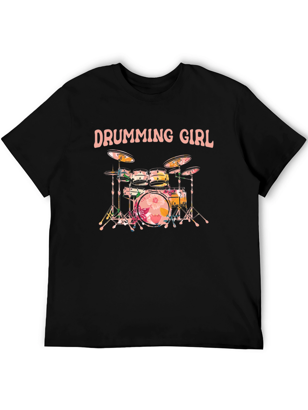 Drumming Girl Floral Drums Black T-Shirt