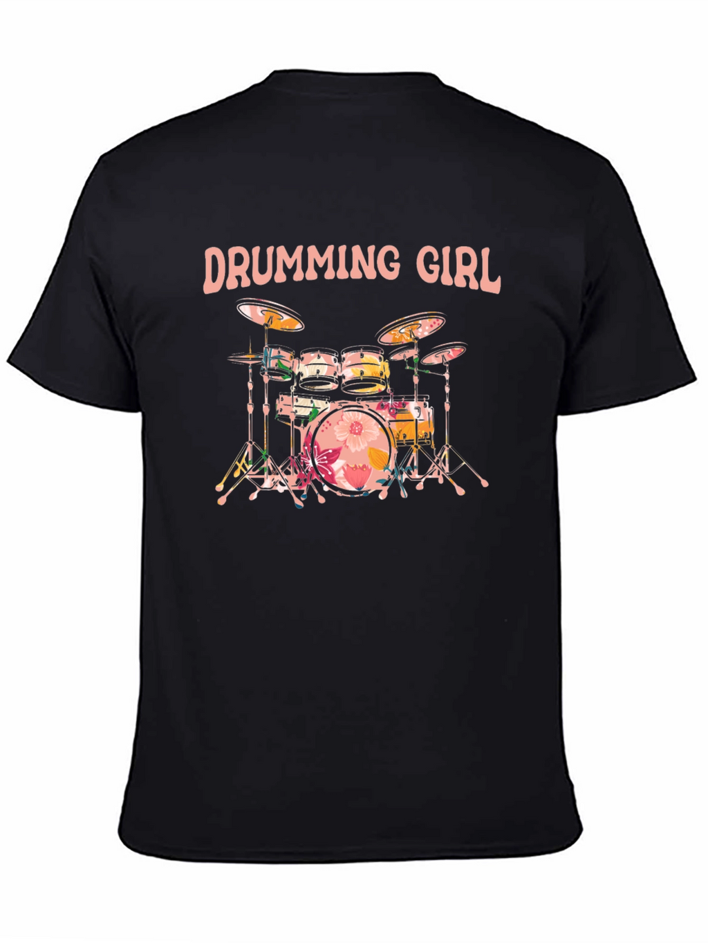 Drumming Girl Floral Drums Black T-Shirt