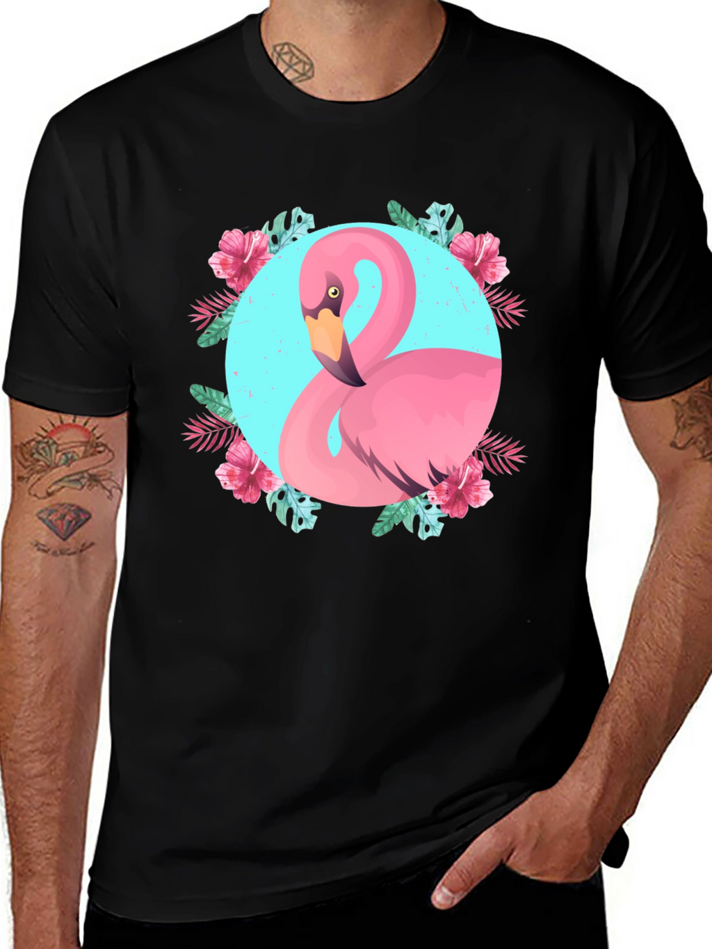Tropical Flamingo Graphic Black T-Shirt