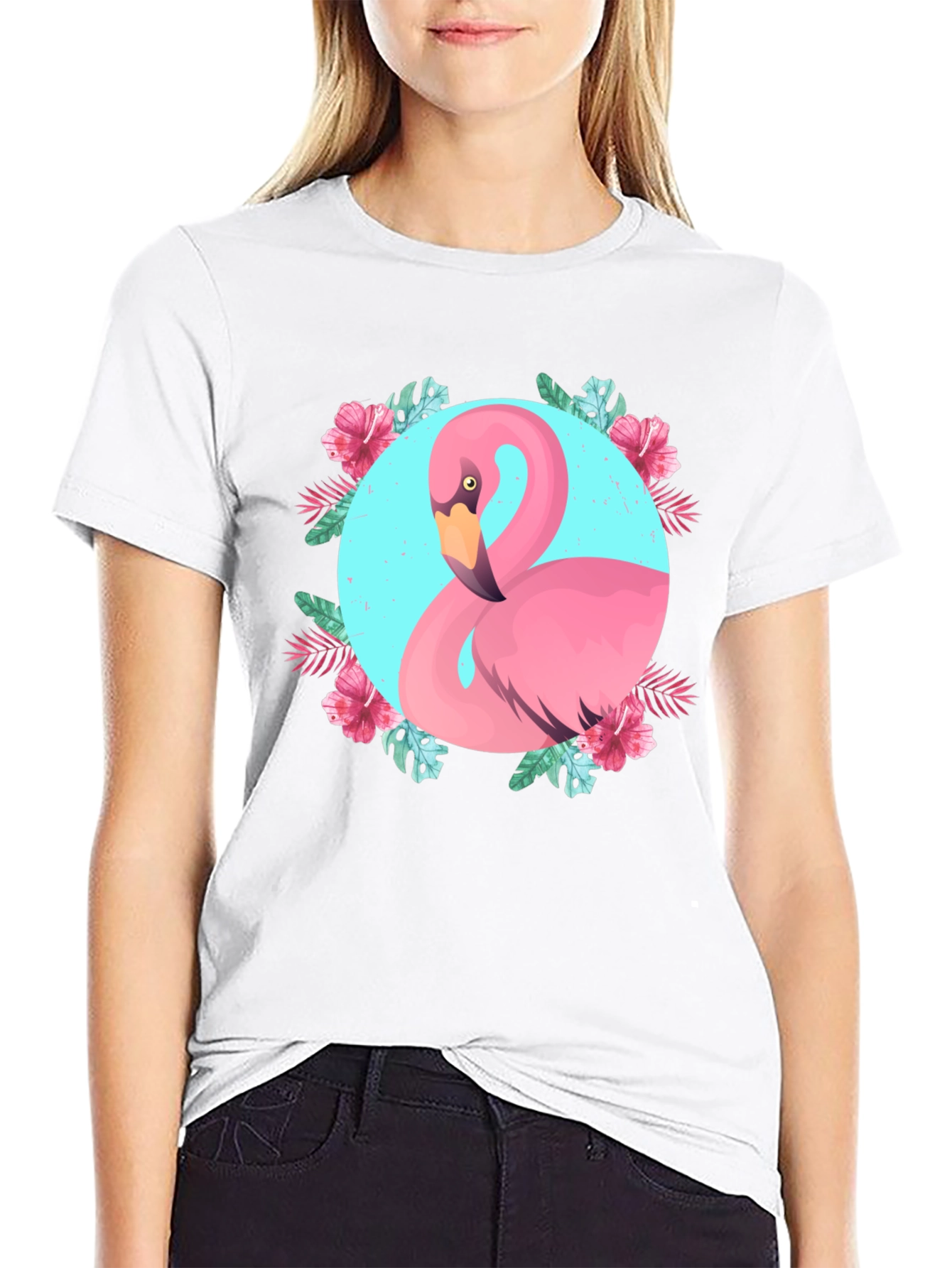 Tropical Flamingo Graphic Black T-Shirt
