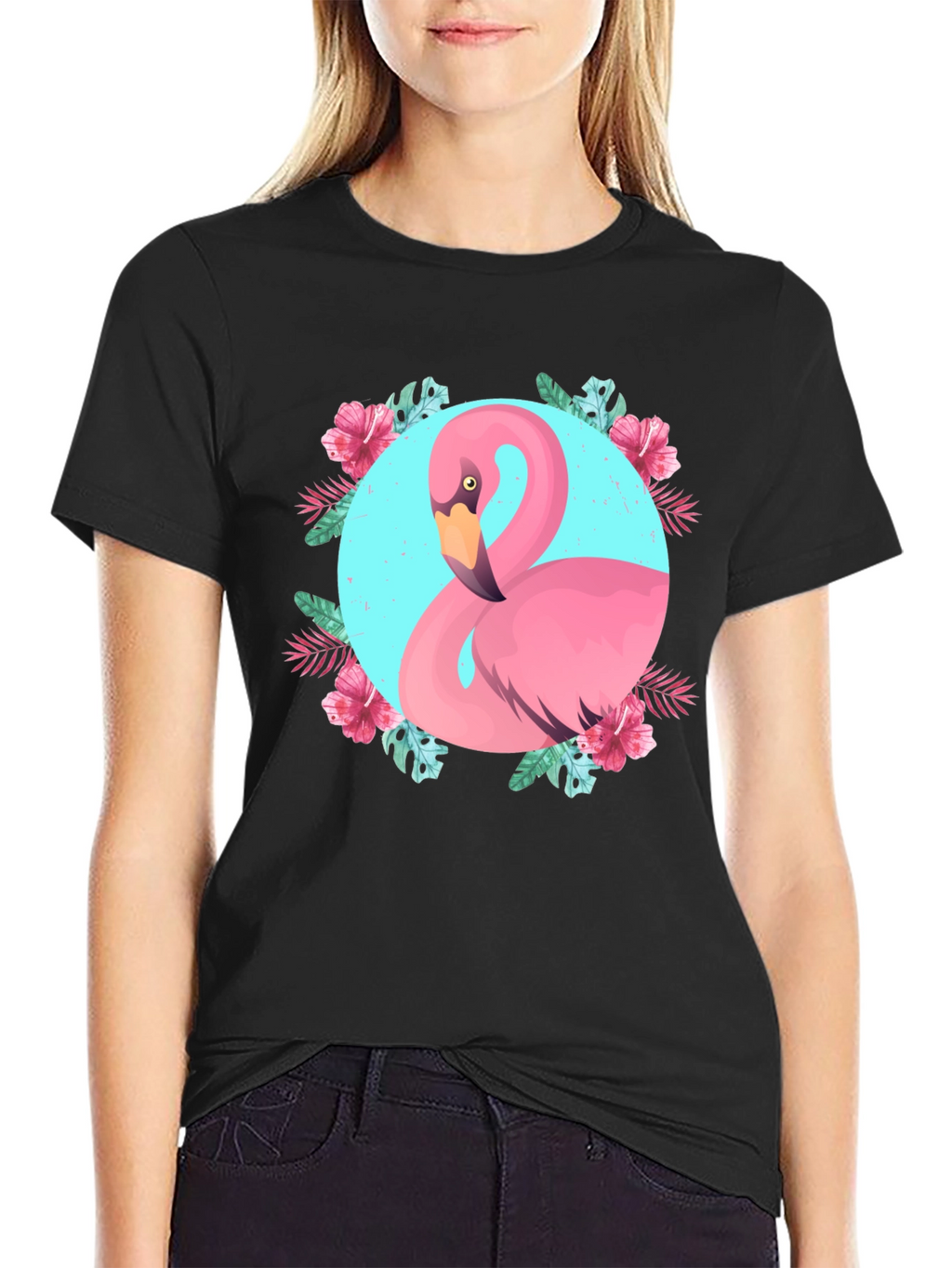 Tropical Flamingo Graphic Black T-Shirt