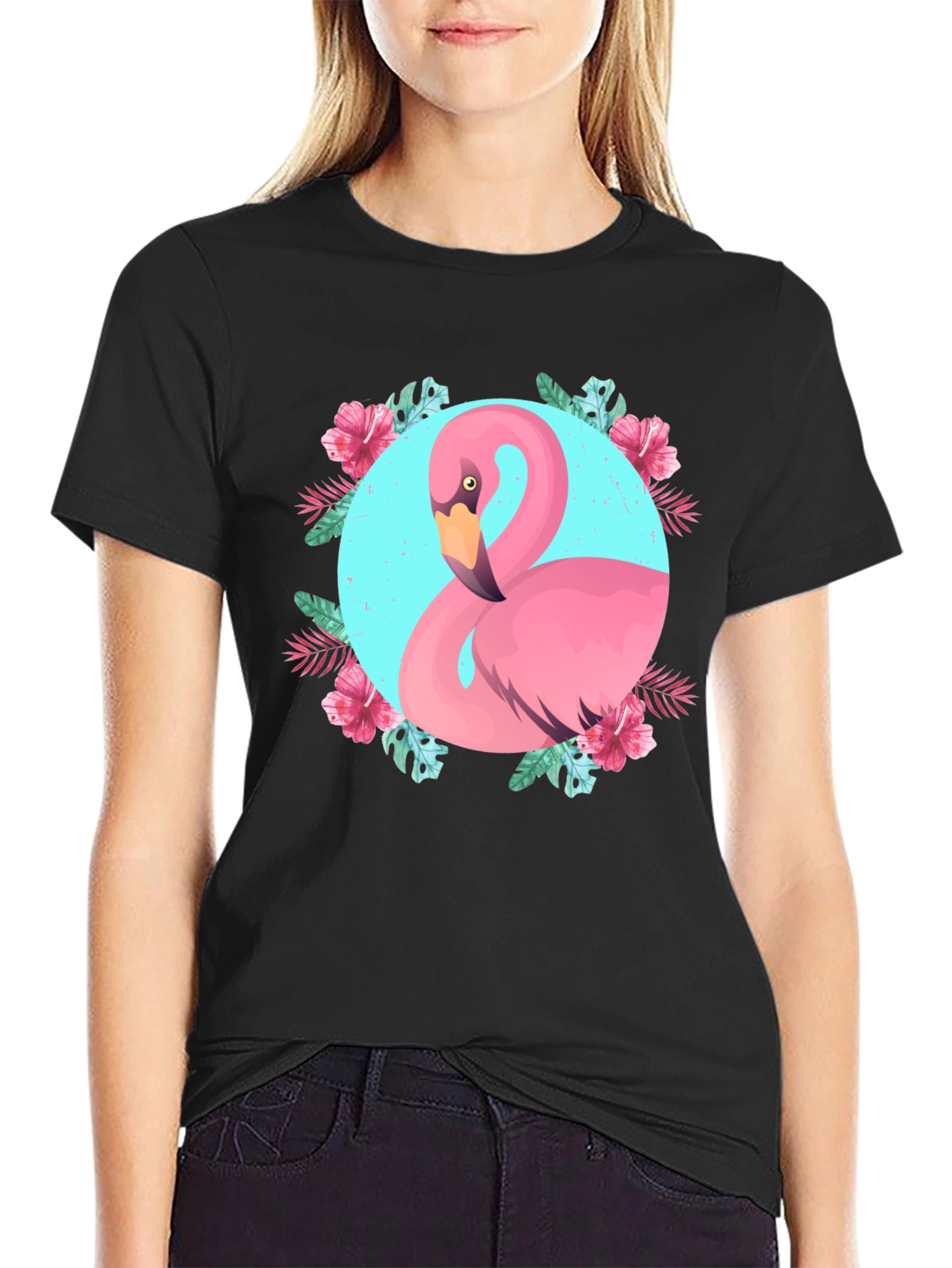 Tropical Flamingo Graphic Black T-Shirt