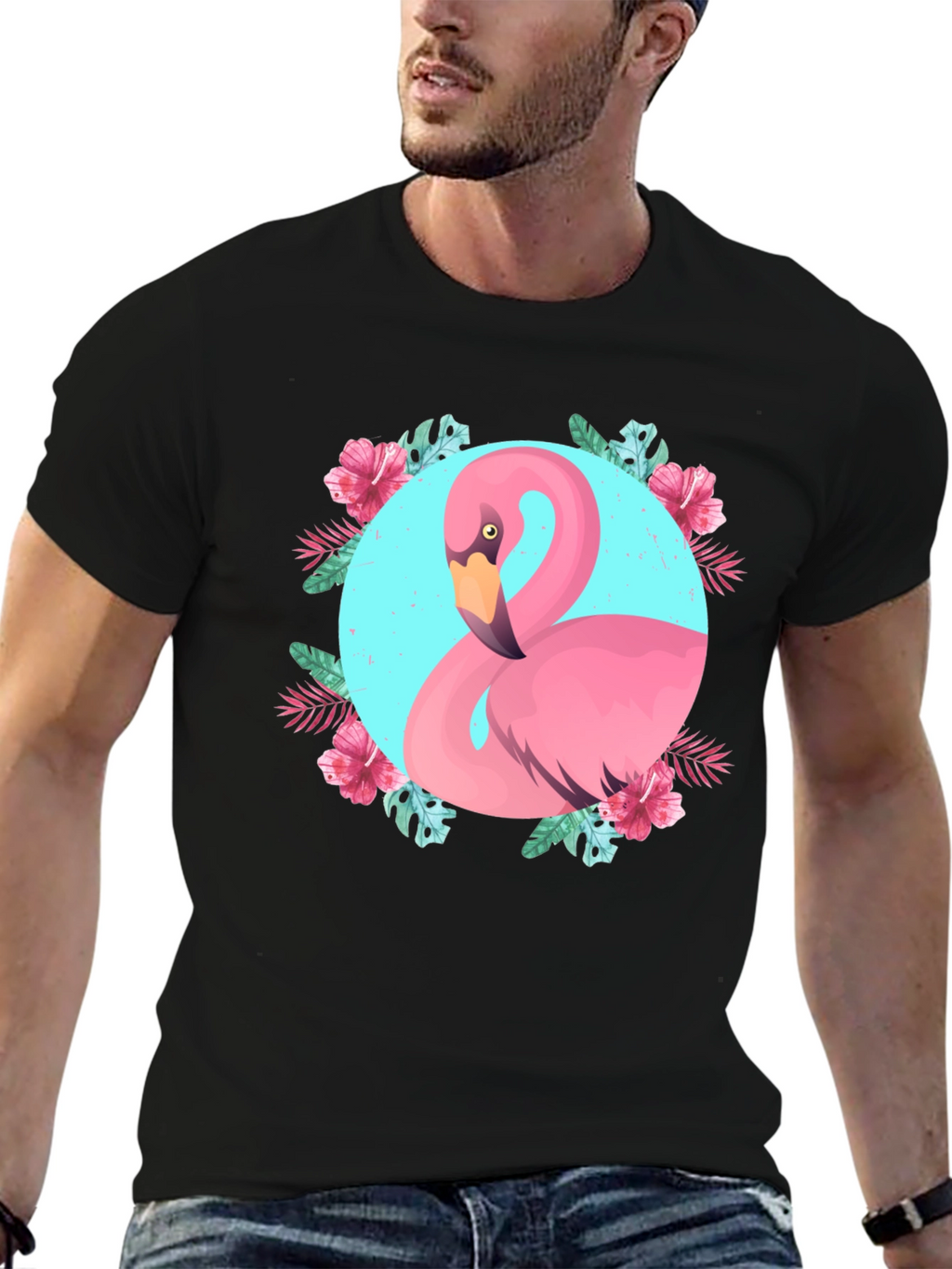Tropical Flamingo Graphic Black T-Shirt